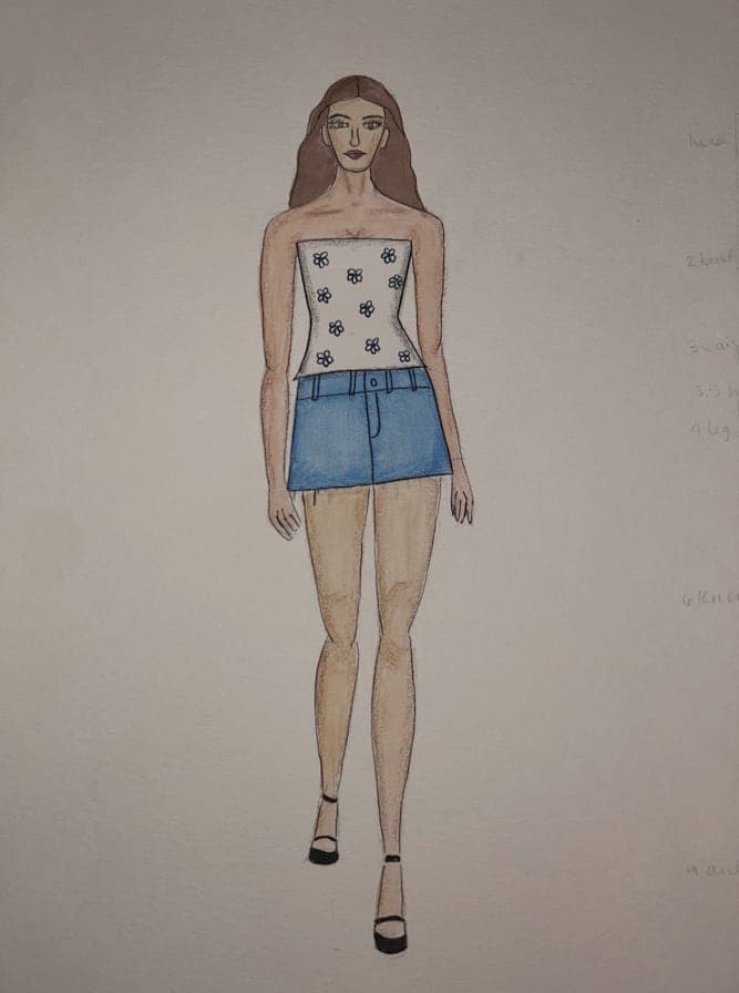 Fashion illustration: strapless floral-embellished bustier with denim mini skirt