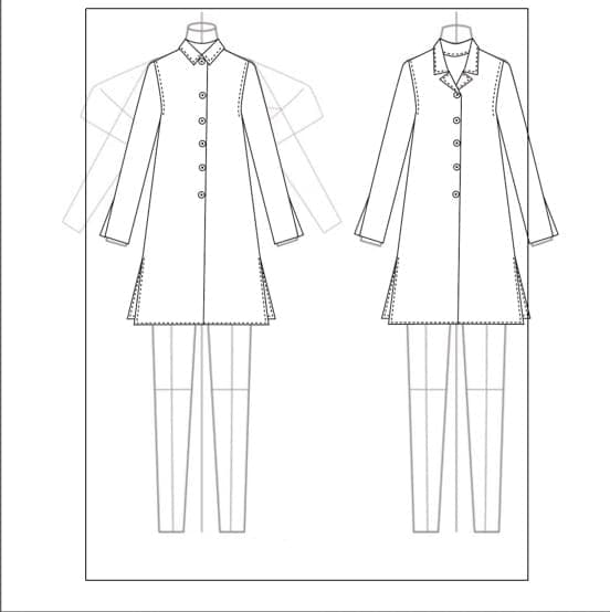 Technical flats: collared tunic over slim trousers, front and back